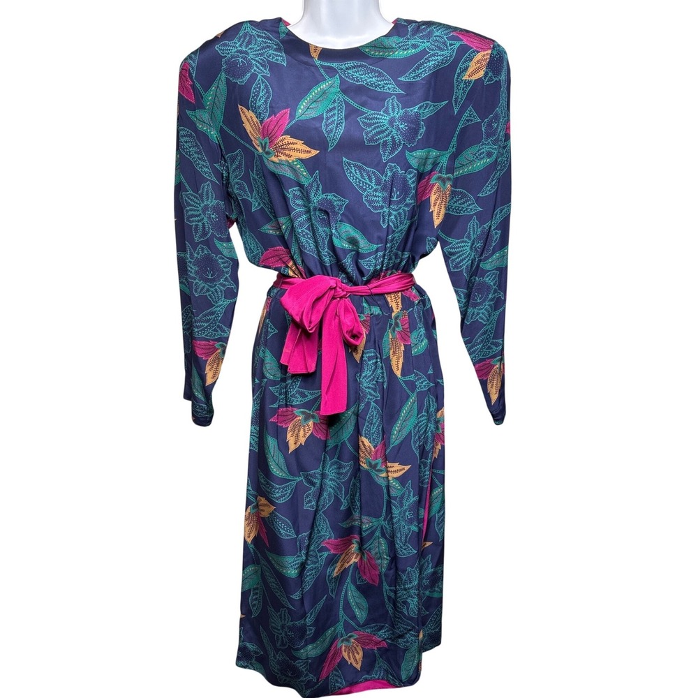 VTG 80s LIZ CLAIBORNE 100%Silk Navy Floral Midi Dress 10 Power Dressing Tropical